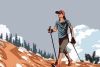 Mountain hiking wallpaper, Nordic walk 0303 - Graphic design featuring a figure walking on a mountain path with trees and clouds.