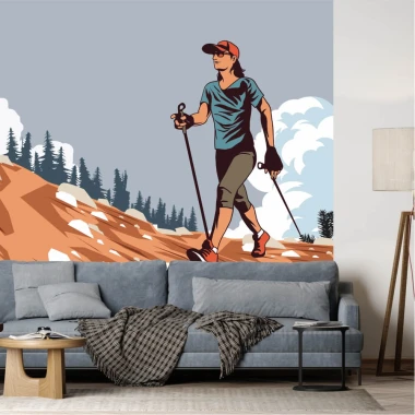 Mountain walk wallpaper 0303 - Living room decor with gray walls and light furniture.