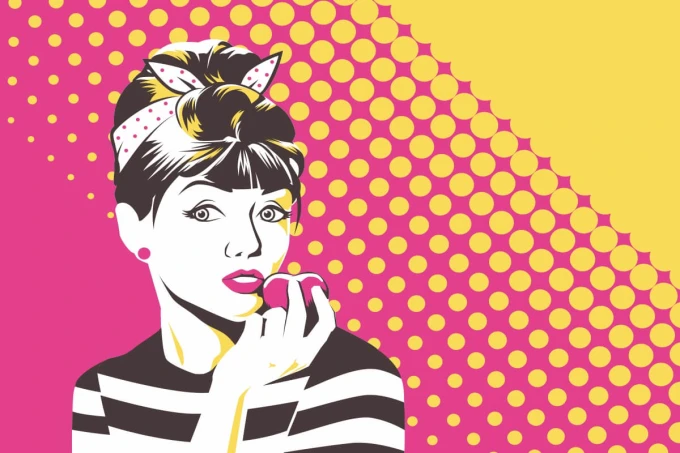 Pop-art wallpaper featuring a woman with a bun, stripes, holding an apple against a polka dot background.