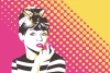 Pop-art wallpaper featuring a woman with a bun, stripes, holding an apple against a polka dot background.