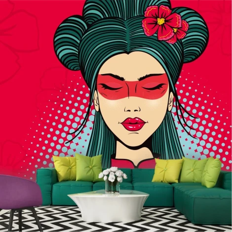 Wallpaper featuring a woman\'s face with flowers in her hair 0297 - Living room arrangement with bold-colored walls and furniture.