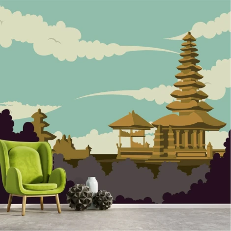 Bali Island Wallpaper, Indonesia 0284 - Living room setup with green sofa, light floor, view of buildings and clouds.