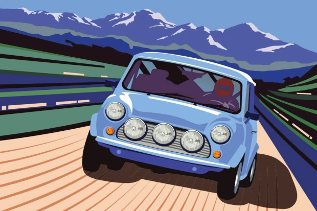 Rally car wallpaper 0351 - Graphic design featuring a blue car against mountains with dynamic lines and colors.