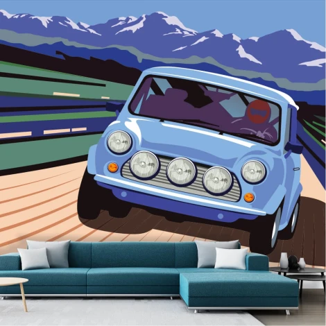 Rally car wallpaper 0351 - Graphic design featuring a blue car against mountains and a road with dynamic lines and colors.