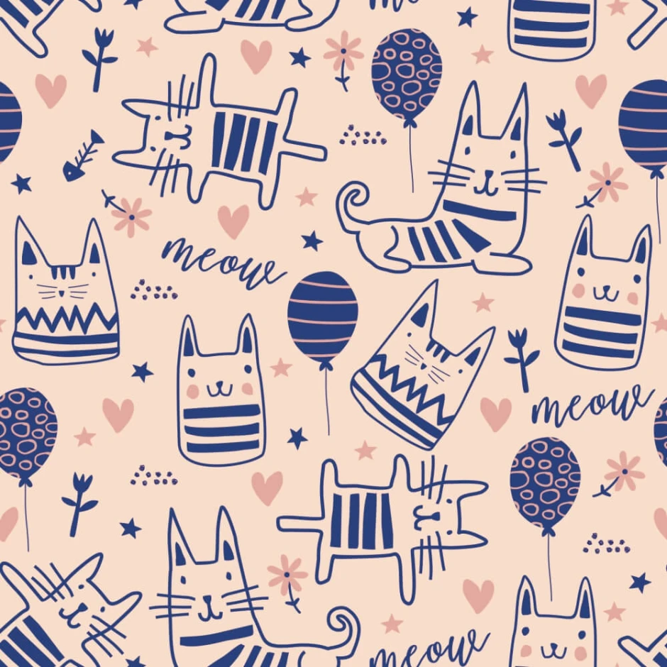 Children\'s wallpaper with balloons, flowers, and cats in various poses on a light background.