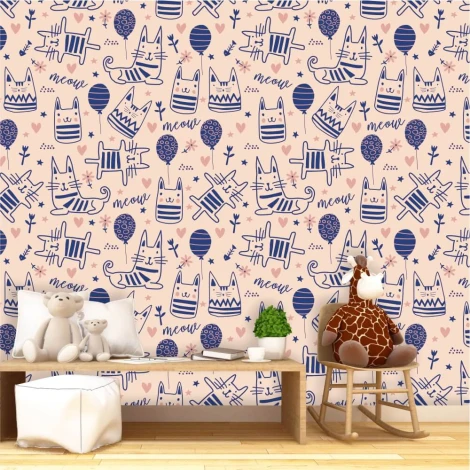 Children\'s wallpaper with balloons, flowers, and cats 0355 - Decor for a child\'s room with light walls and natural furniture.