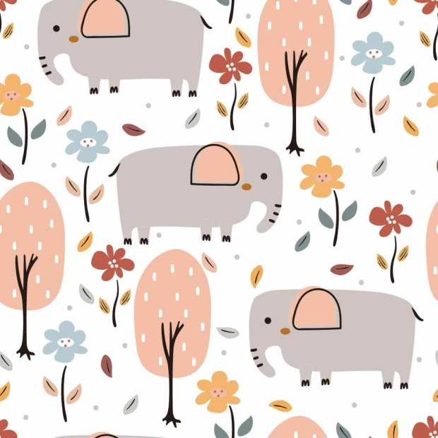 Children\'s wallpaper with elephants, flowers, and trees in pastel colors on a white background.