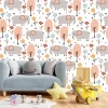 Children\'s wallpaper with elephants, flowers, and trees 0338 - Decor for a bright kids\' room with light-colored walls and furniture.