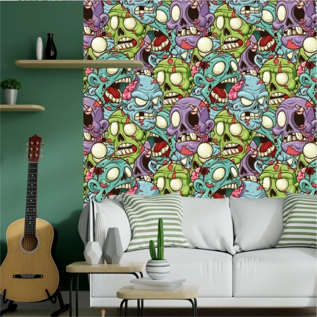 Zombie 0356 youth wallpaper - Living room setup with green walls, a sofa with light cushions, and a plant shelf.