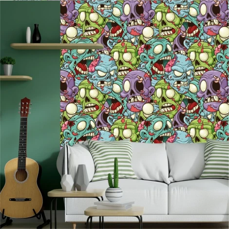 Zombie 0356 youth wallpaper - Living room setup with green walls, a sofa with light cushions, and a plant shelf.