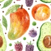 Mango, avocado, apricot, blueberry wallpaper for dining room - graphic design with fruit and leaf illustrations on white background.