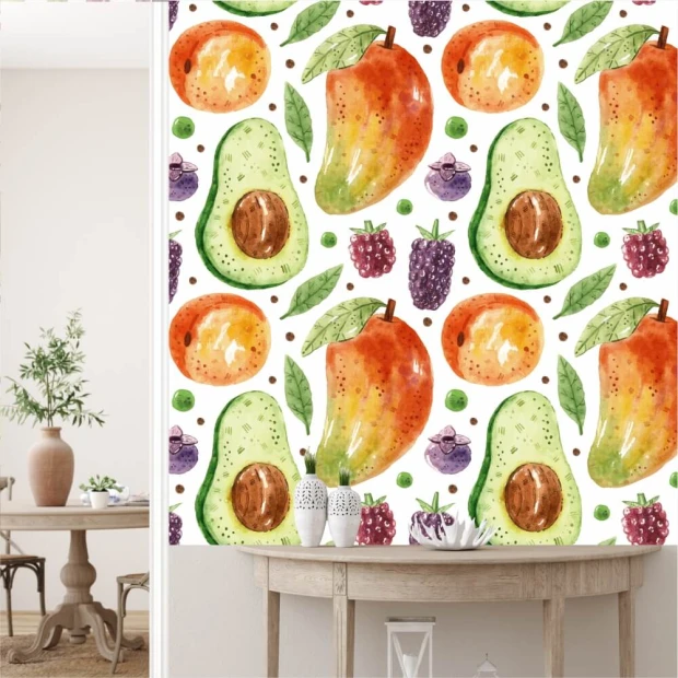 Mango, avocado, apricot, blueberry wallpaper for dining room. Light-colored walls and wooden furniture.