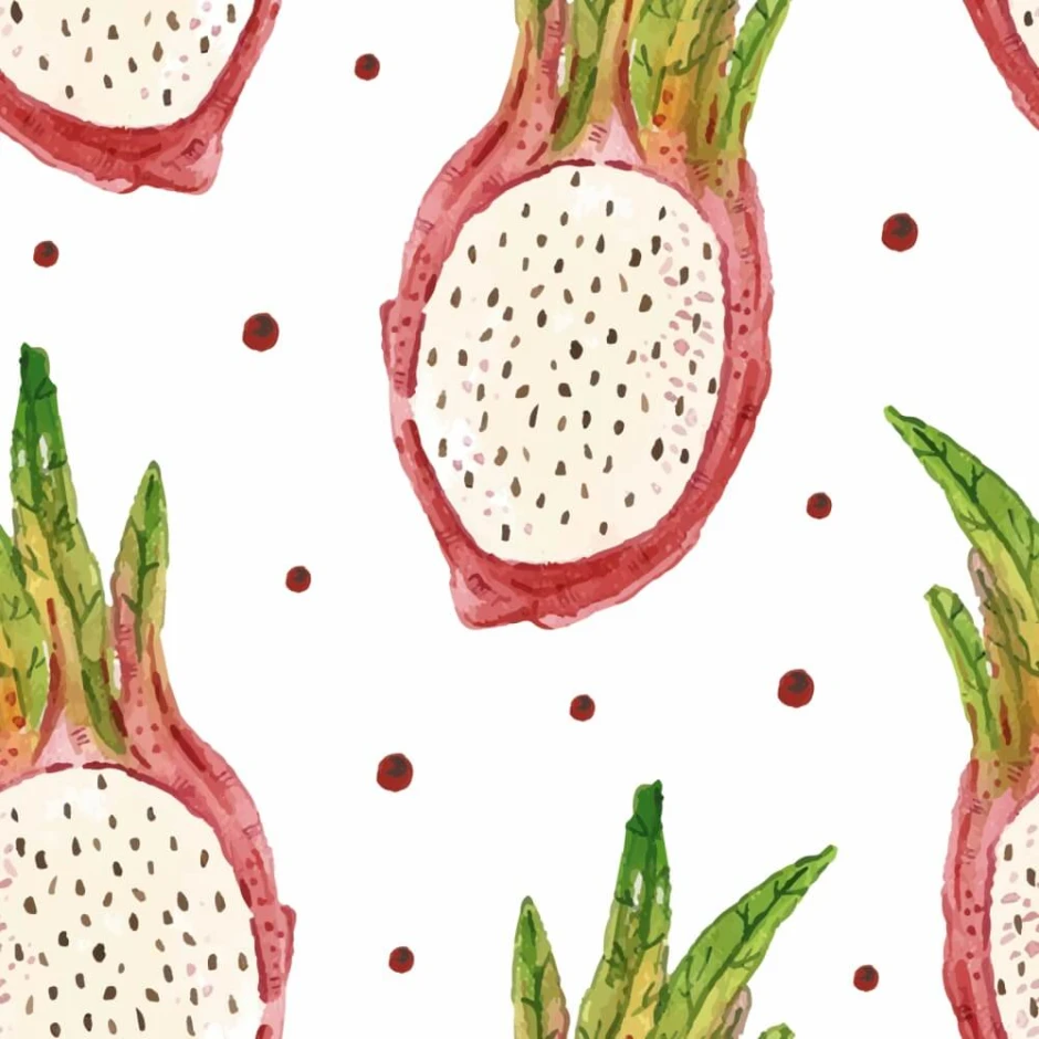 Pitahaja wallpaper for dining rooms featuring a dragon fruit design with green leaves.