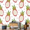 Pitahaja wallpaper for dining room, featuring dragon fruit design. Bright walls with wooden furniture.