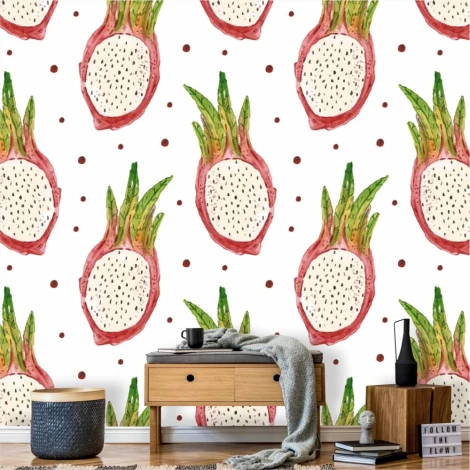 Pitahaja wallpaper for dining room, featuring dragon fruit design. Bright walls with wooden furniture.