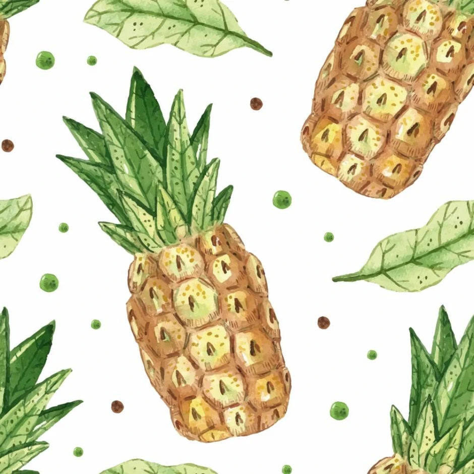 Pineapple Kitchen Wallpaper 0339 - Graphic design featuring pineapples and leaves on a white background in various shapes and colors.