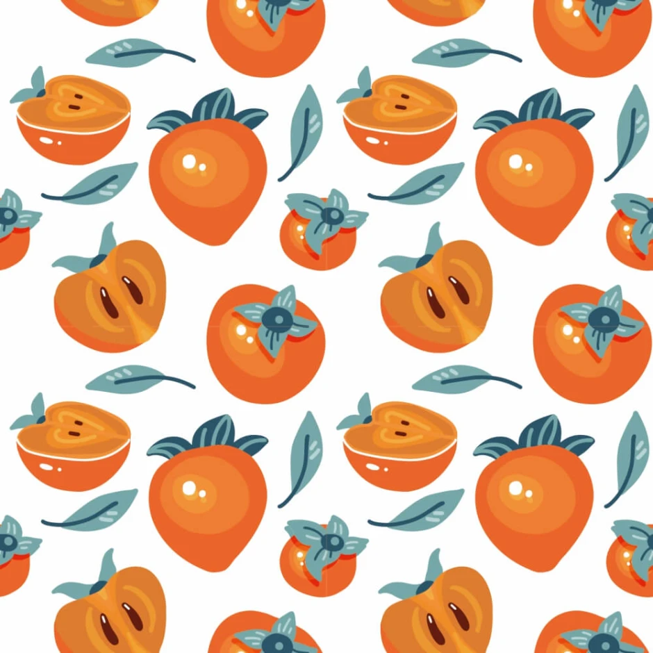 Kitchen and dining room wallpaper Persimona 0349 - Graphic design featuring oranges and persimmons with green leaves.