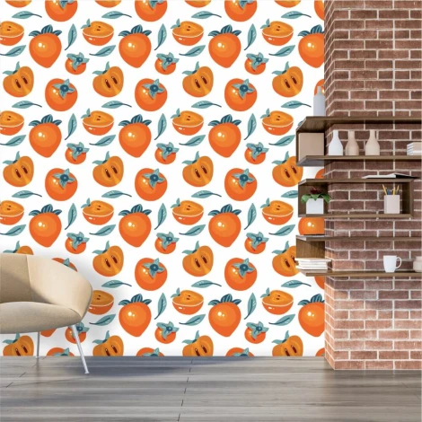Kitchen and dining room wallpaper Persymona 0349 - Graphic design featuring oranges on a white background with green leaves.
