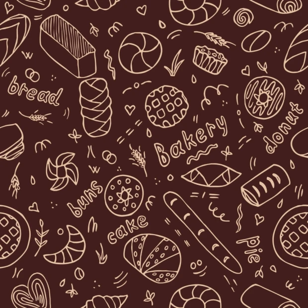 Kitchen and dining wallpaper featuring bread, pastries, and desserts in a brown graphic design.