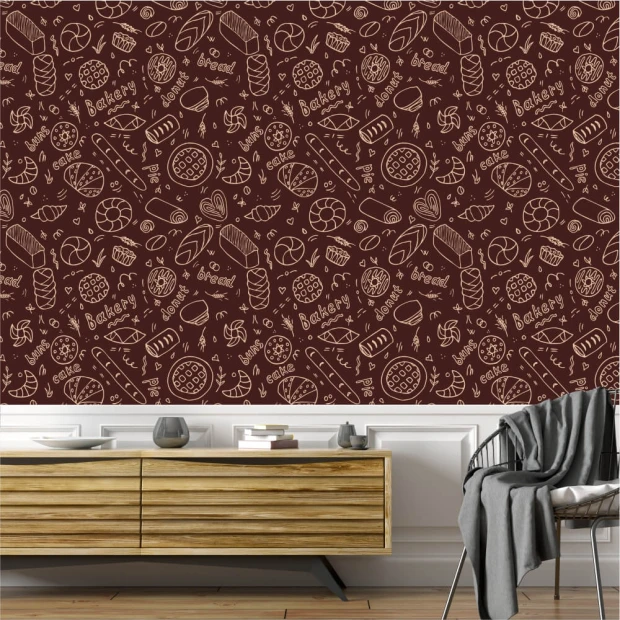 Kitchen and dining wallpaper featuring bread, cakes, and pastries on a brown background. Design 0350.