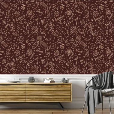 Kitchen and dining wallpaper featuring bread, cakes, and pastries on a brown background. Design 0350.