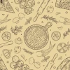 Kitchen and dining room wallpaper Pizza 0347 - Graphic design featuring pizza ingredients, cutting boards, and herbs on a light background.