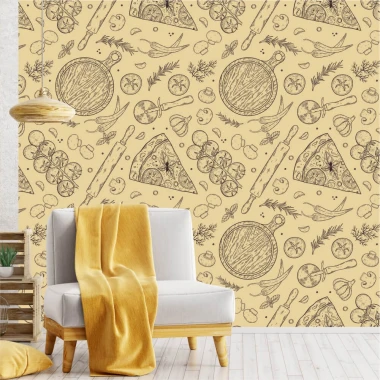 Kitchen wallpaper Pizza 0347 - Bright walls and neutral furniture in a dining area setting.