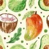 Fruit-themed kitchen wallpaper featuring mangoes, coconuts, avocados, and leaves in a graphic design.