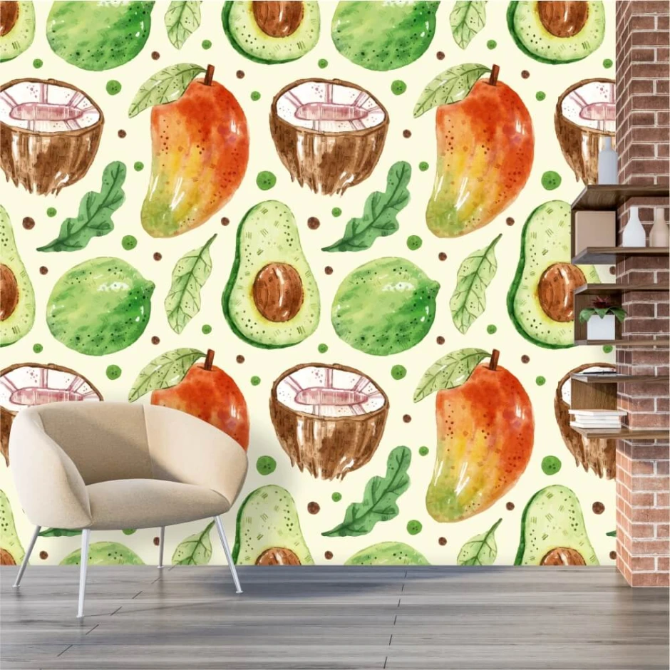 Mango, coconut, and avocado kitchen wallpaper 0330 - Bright walls with brown and green accents.