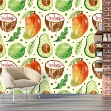 Mango, coconut, and avocado kitchen wallpaper 0330 - Bright walls with brown and green accents.