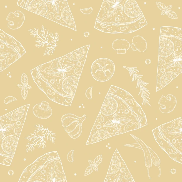 Kitchen wallpaper featuring pizza, vegetables, fruits, and spices in a graphic design with pizza slice shapes.
