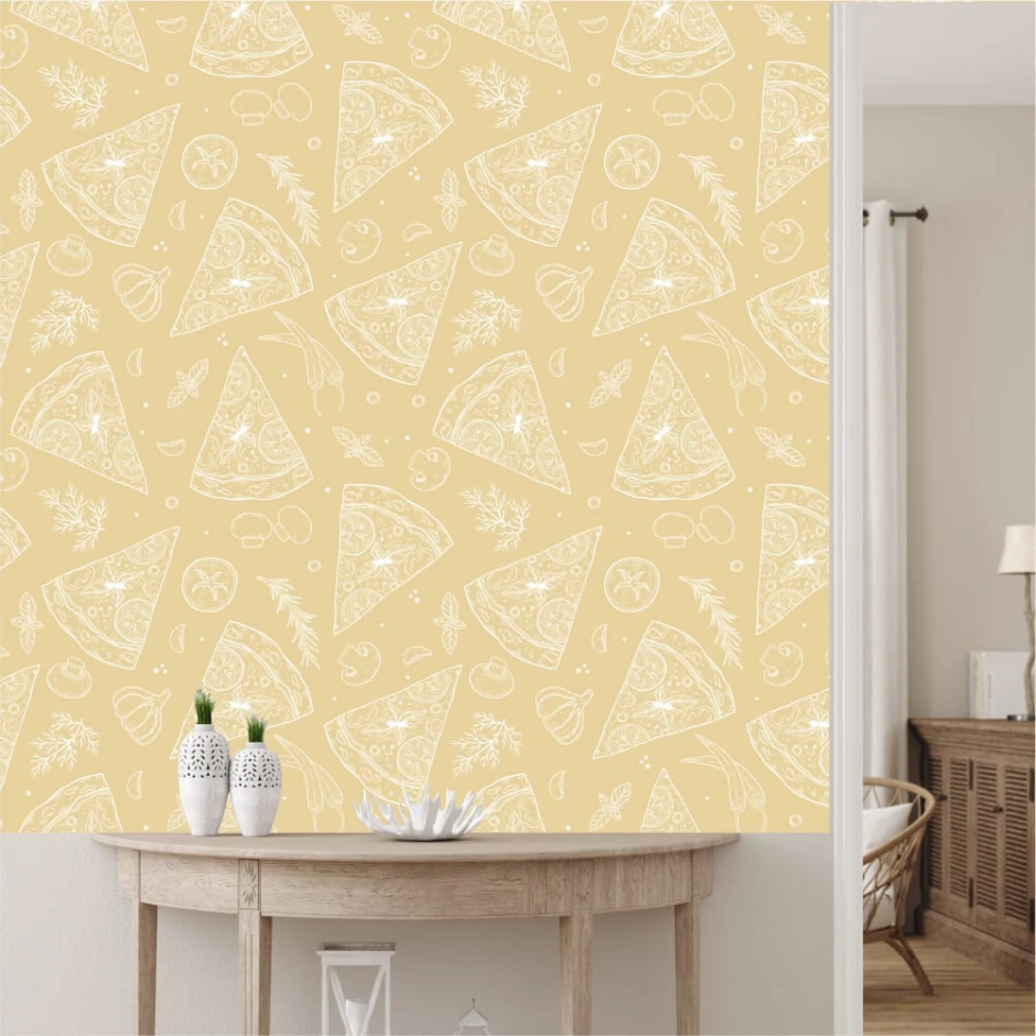 Kitchen wallpaper featuring pizza, vegetables, fruits, and spices on a light background with pizza slice illustrations.