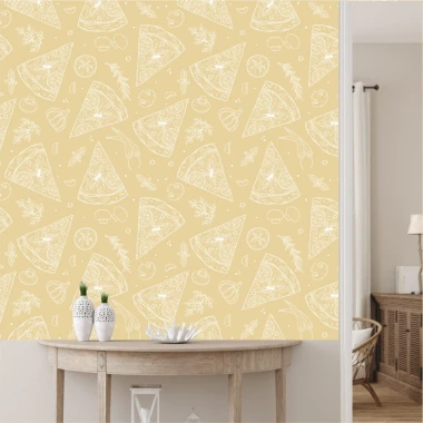 Kitchen wallpaper featuring pizza, vegetables, fruits, and spices on a light background with pizza slice illustrations.