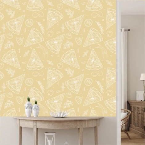 Kitchen wallpaper featuring pizza, vegetables, fruits, and spices on a light background with pizza slice illustrations.