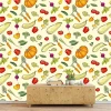 Vegetable and fruit kitchen wallpaper 0337 - Bright walls and wooden furniture arrangement.