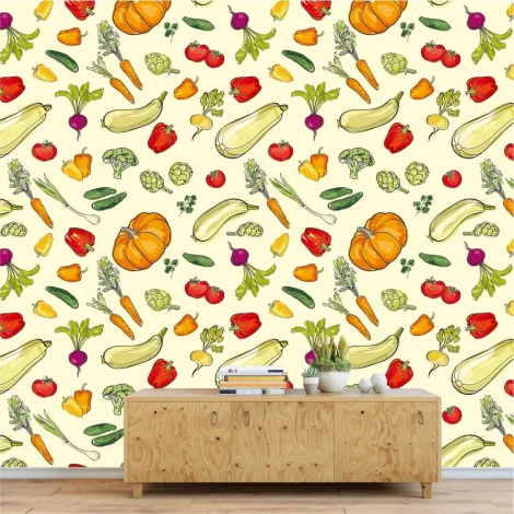 Vegetable and fruit kitchen wallpaper 0337 - Bright walls and wooden furniture arrangement.