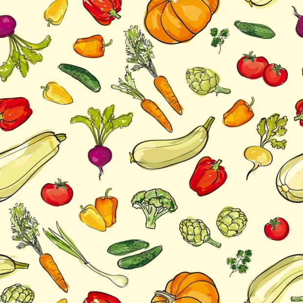 Kitchen wallpaper Vegetables, Fruits 0337 - Graphic design with various shapes and colors of fruits and vegetables on a light background.