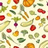 Kitchen wallpaper Vegetables, Fruits 0337 - Graphic design with various shapes and colors of fruits and vegetables on a light background.