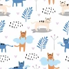 Children\'s room wallpaper Cats 0358 - Graphic design featuring various cats in blue, brown, and black on a white background.