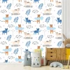 Kids\' room wallpaper Cats 0358 - Graphic design with colorful cats against a backdrop of clouds and plants.