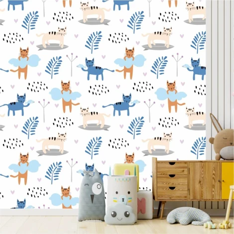 Kids\' room wallpaper Cats 0358 - Graphic design with colorful cats against a backdrop of clouds and plants.