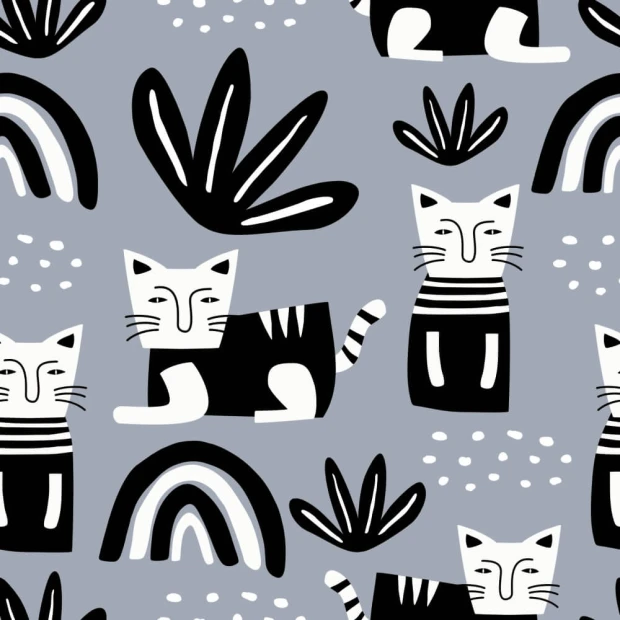Cat Family Wallpaper 0359 for Kids\' Room - Graphic design featuring cats, rainbows, and plants on a gray background.