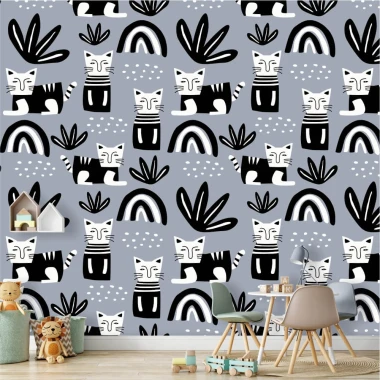Cat Family Wallpaper 0359 for Kids\' Room - Bright walls and modern furniture in a children\'s room setting.