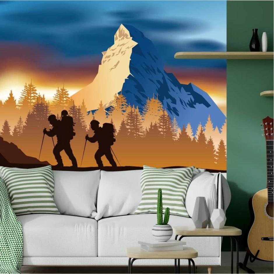 Mountain climbing wallpaper featuring the Matterhorn 0374 - Living room decor with green walls and a light-colored sofa.