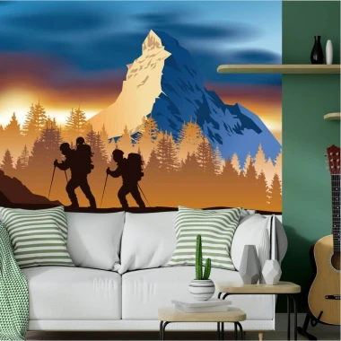 Mountain climbing wallpaper featuring the Matterhorn 0374 - Living room decor with green walls and a light-colored sofa.