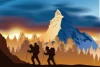 Mountain climbing wallpaper featuring two climbers with the Matterhorn peak in the background.