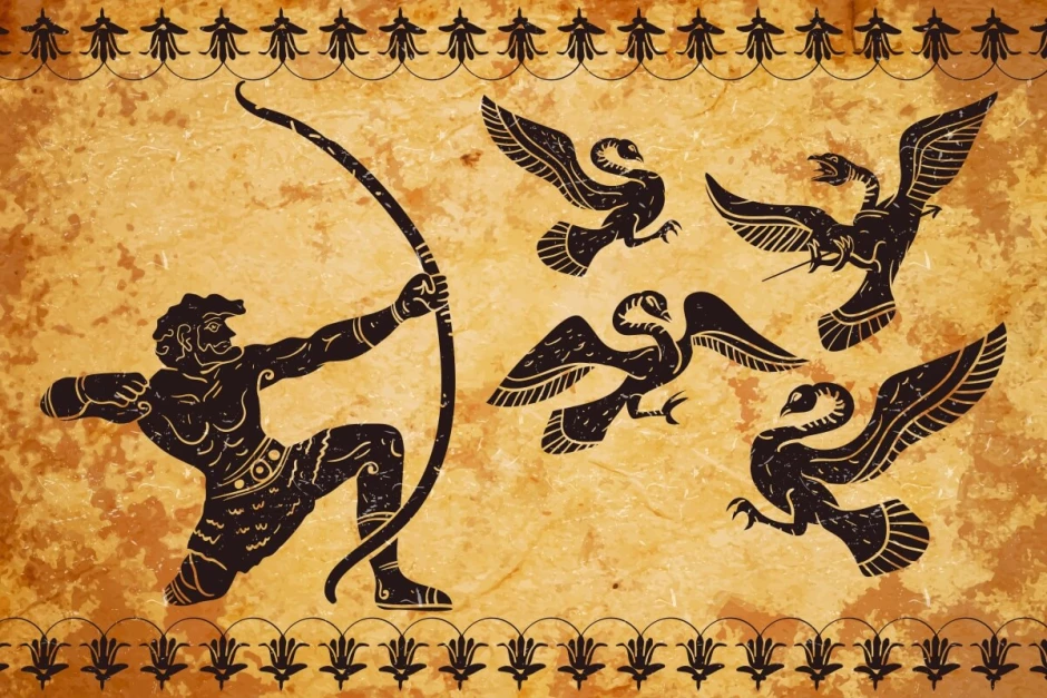 Hercules wallpaper hunting Stymphalian birds 0375 - Graphic design featuring Hercules with a bow and flying birds.