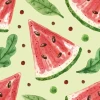 Kitchen wallpaper Watermelons 0332 - Graphic design with green background, watermelon pieces, leaves, and circular elements.