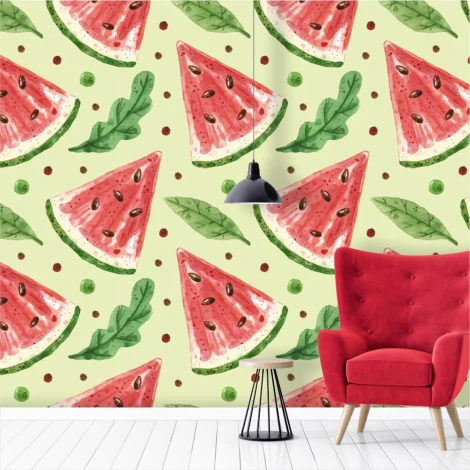 Watermelon Kitchen Wallpaper 0332 - Bright walls with red accents in furniture.