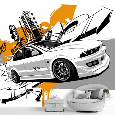 Youth wallpaper with sports car and urban graffiti design, perfect for a modern room with light-colored walls.